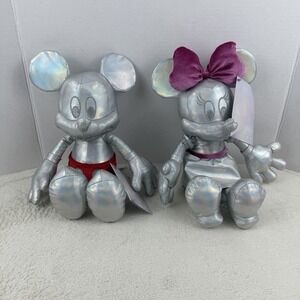 Disney 100 Platinum Celebration Collection Mickey & Minnie Plush Set Silver -NWT